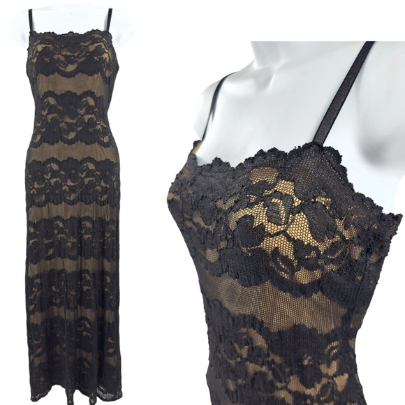 Vtg Hampton Nites Womens Black Lace Maxi Dress Size 8 Event Prom Y2K Whimsigoth - Picture 1 of 12